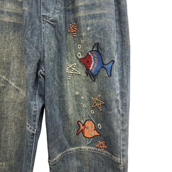 Vintage Denim Embroidered Fish Pattern Elastic Waist Cropped Pants Size S - Picture 5 of 8
